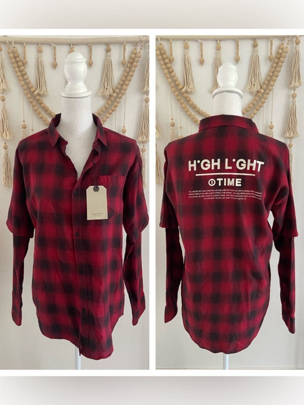 Zara boys plaid button down shirt graphic on back grunge red black 13-14 years